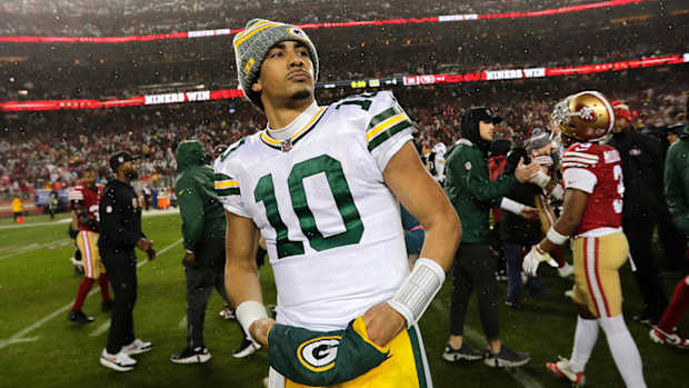Green Bay Packers quarterback Jordan Love (10) leaves the field after losing to the San Francisco 49ers during their NFC divisional game.